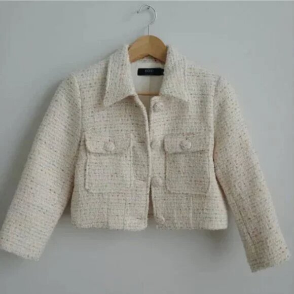 Simons short cropped wool blend tweed jacket ivory cream pink orange Sma… - Picture 2 of 15